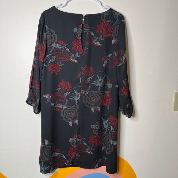 Maurices Dark Floral Dress L Shift Mini Black Red Romantic Long Split Sleeve - Picture 7 of 9